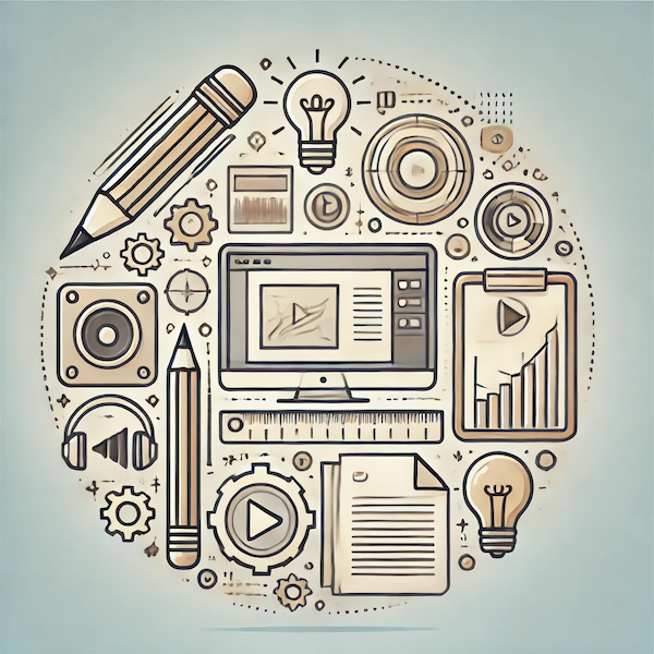 Creative tools including pencil, lightbulb, video player, audio, and documents arranged in a circular layout