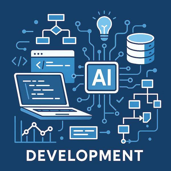 Stylized illustration of software development with AI-enhanced tools, including code, data flow, and collaboration elements
