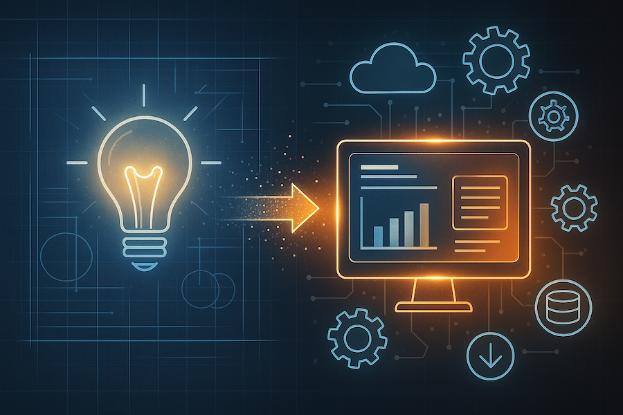 Conceptual illustration showing transformation from idea to system implementation